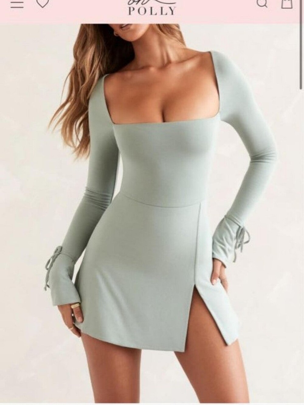 Oh Polly Sage Square-Neck Long Sleeve Mini Dress